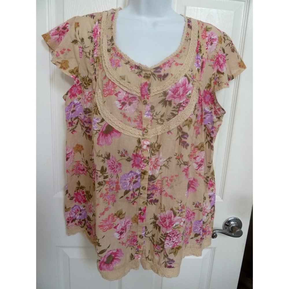 VINTAGE AMERICA Sz L Victorian Button Up Blouse Lace Trimmed Floral Cottage